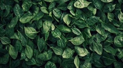 Fresh Green Spinach Leaves Full Frame Background, Healthy Vegetable Texture.