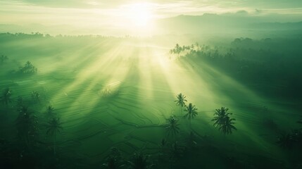 Ethereal Sunrise Over Lush Green Rice Terraces with Palm Trees and Fog, Bali.
