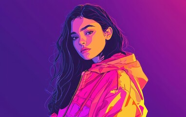 Naklejka premium A portrait of a woman in a neon pink jacket, against a deep purple gradient background for a trendy and edgy vibe