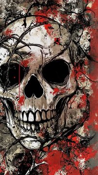 Skull surrounded by dark vines and red splatter art in a grunge style background
