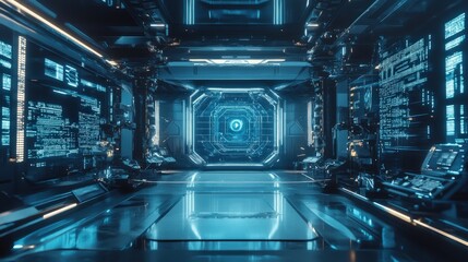 Obraz premium Futuristic Spaceship Corridor Displays Advanced Technology