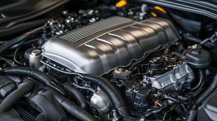 Fototapeta premium Close-up of car engine assembly with workers installing parts in an automotive factory.