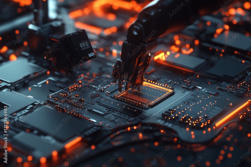 Poster robotic arm installing cpu on circuit board, factory