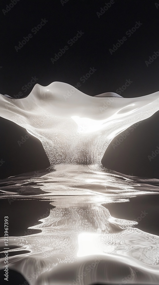 Poster abstract flowing liquid form with reflection on dark background minimalist design