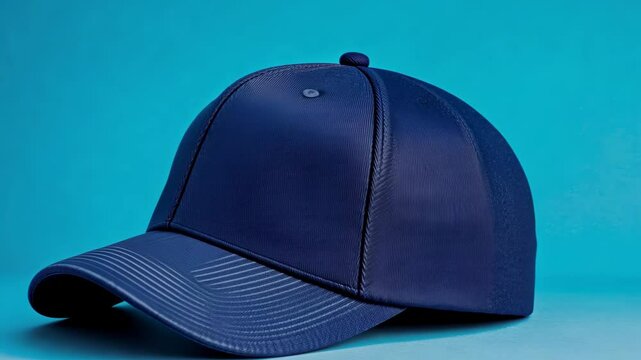 Blue baseball cap is sitting on a blue background. The hat is empty and has no logo or design on it