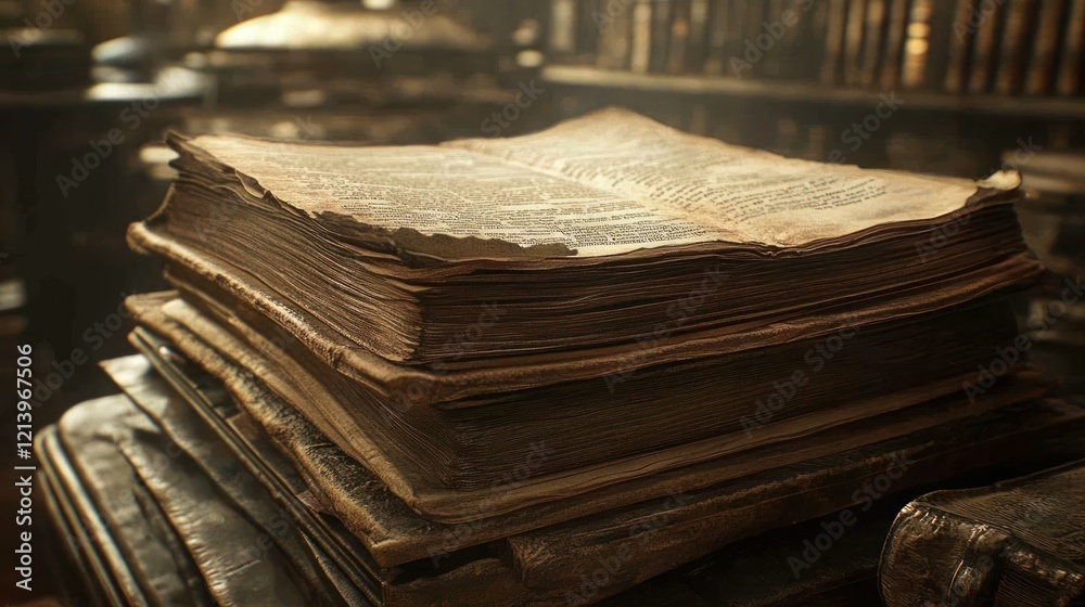 Poster ancient and weathered books stacked high in a library