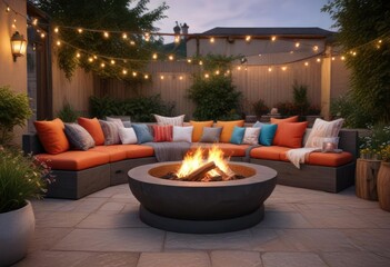 Fire pit with plush outdoor cushions and pillows, warm ambiance, cushioned seats, firepit