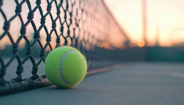 Tennis ball rolling court fence at sunset sports outdoor close-up perspective