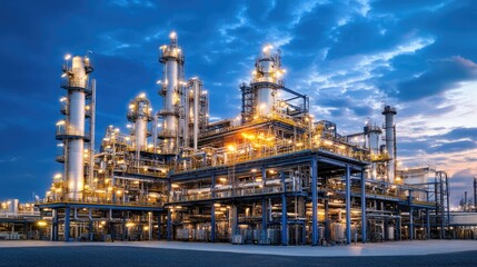 Industrial steel plant at night with bright lights illuminating the factory