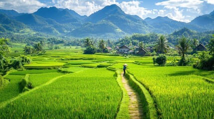 Fototapeta premium A traditional Asian organic farm with rice paddies and a farmer working in the fields, surrounded by mountains and greenery