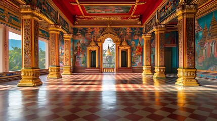 Obraz premium Thai temple hall with artistic patterns and colorful designs painted on the walls