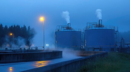 Obraz premium Large chemical vats in an industrial facility, with steam rising and mist surrounding the area