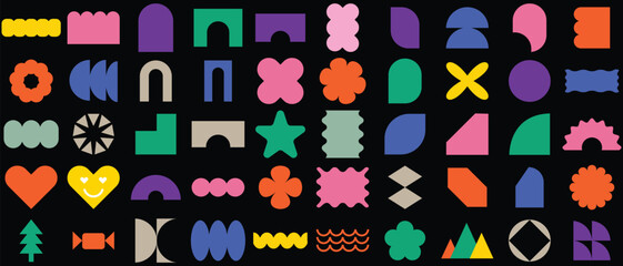 Brutalist abstract geometric shapes and grids. Y2K Geometric design element shapes.Colorful groovy brutal figures. Modern Swiss design aesthetic.