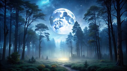 forest darkness under full moon, full moon in forest, mysterious woods