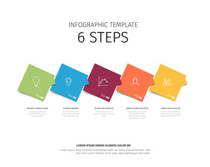 This infographic template features six colorful steps with icons and descriptions. Ideal for representing processes or workflows, each step is uniquely colored and labeled.