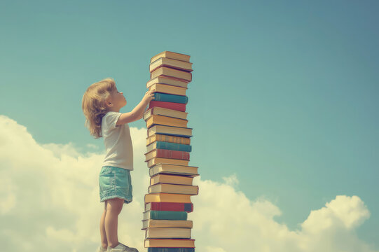 Toddler carefully placing another book on a tall stack of books against a cloudy sky background, symbolizing education and growth