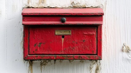 Rustic red mailbox on weathered wall, letterbox exterior, postal delivery