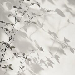 Fototapeta premium Delicate Black and White Branch Silhouette and Shadow on Textured Wall
