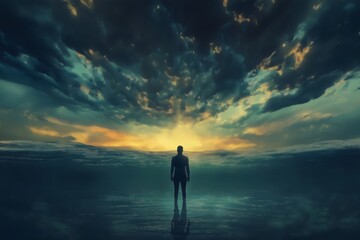 Fototapeta premium Silhouette of a man standing on water, gazing at a dramatic sunset filled with impressive clouds, evoking feelings of hope and serenity