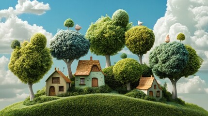 Idyllic Village Houses nestled amongst lush round trees