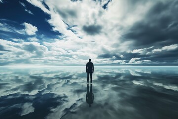 Businessman standing on a reflective water surface with cloudy sky reflecting on it, creating a surreal and contemplative atmosphere
