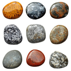 Collection of Polished Colorful Natural Stones set red art rock grey gems rocks isolated on transparent or white background, png