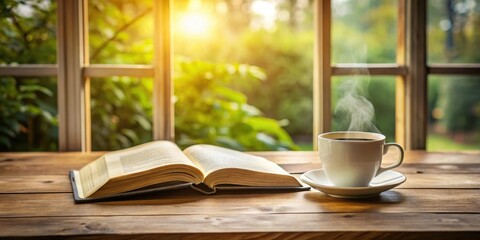 A wooden table adorned with an open bible and a cup of coffee in soft morning light through a window, evoking quiet contemplation, wooden surface, morning devotion