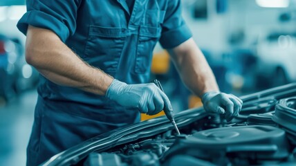 A mechanic works on a car engine, using a tool for maintenance in a well-lit automotive workshop.