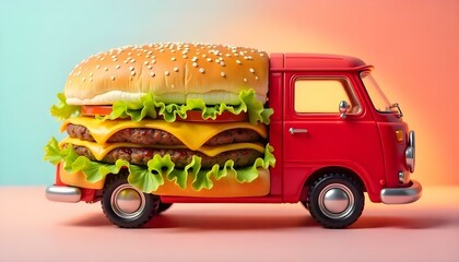 Burger themed red van for food delivery, styled with lettuce, cheese, and patty details