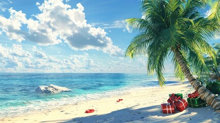 A tropical Christmas scene with a decorated palm tree on a sunny beach, and gifts scattered around.