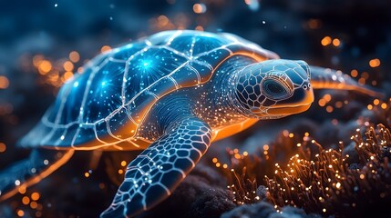 Sophisticated Robotic Turtle Exploring Vibrant Futuristic Seabed with Bioluminescent Creatures and Holographic Projections
