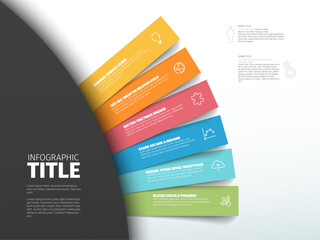 A vibrant infographic with six colored segments displaying text headers and icons on color stripes. Each segment has a unique color and icon, enhancing visual engagement and information clarity.
