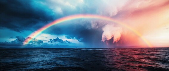 Rainbow arcs over tranquil sea under blue sky with white clouds and vibrant colors reflecting on the water surface