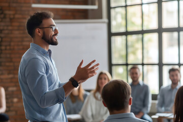 Smiling business coach leading an emotional intelligence workshop, gesturing and speaking to a group of colleagues