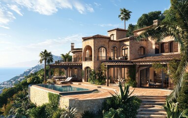 Fototapeta premium A luxurious Mediterranean-style villa with terracotta tiles and an infinity pool, perched on a hill with views of the azure ocean