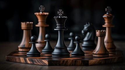 Fototapeta premium Black chess pieces on wooden board, strategic game, dark background, business concept