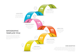 This infographic image displays a six-step process with vibrant, overlapping jumps, each step numbered and color-coded. It includes placeholder text and icons for visual enhancement.