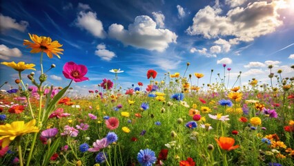 Obraz premium A field of vibrant wildflowers swaying gently in the breeze under a clear blue sky with few clouds on a sunny day, flowers