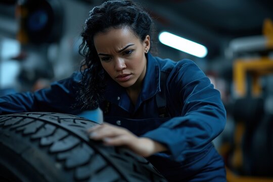 A focused female mechanic is working diligently on a car tire in a bright garage, surrounded by tools. Her navy-blue jumpsuit showcases her professionalism and expertise in automotive repair