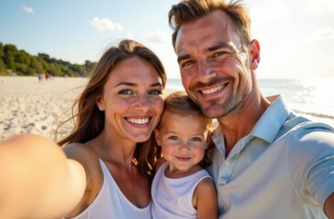 Fototapeta premium Happy family spending good time at the beach together, taking selfie