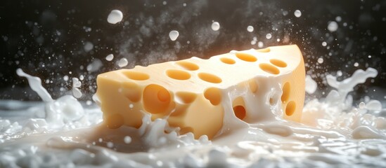 Swiss cheese milk splash dark background