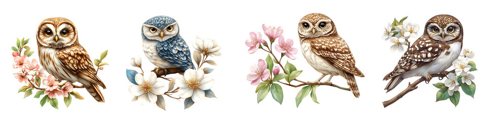 Fototapeta premium Illustrated owls perched on blooming branches with detailed feathers and pastel floral accents. Nature and wildlife concept on transparent background