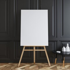Blank canvas on easel in modern room interior.