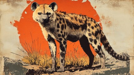 Woodblock print-style hyena featuring bold lines and traditional techniques, offering a classic and cultural vibe.