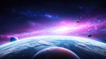 Fototapeta premium Alien planets orbiting a nebula; cosmic landscape; science fiction; space exploration; background for science fiction
