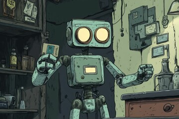Retro robot, cluttered room, holding card.