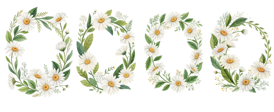 Circular frame composed of daisies  with lush green leaves