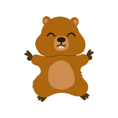Fototapeta premium Groundhog Day. Cute Marmot. Groundhog. Spring is on the way! Marmot . Vector illustration, banner design with funny character isolated on white background. Flat design.