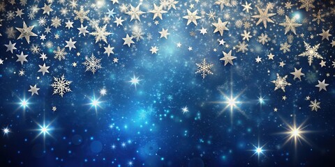 Obraz premium Delicate snowflakes and twinkling stars gently falling onto a dark blue background with subtle texture resembling night sky, stars, snowflakes