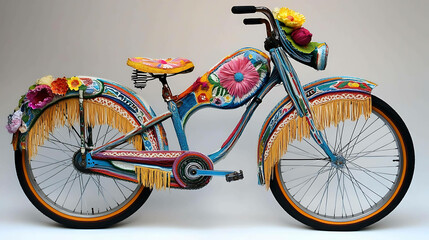 Fototapeta premium Retro hippie bike decorated with flowers and fringe